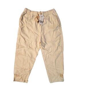 Zara Womens Garment-Dyed Beige Pants Drawstring Waist Rolled Hem Size L